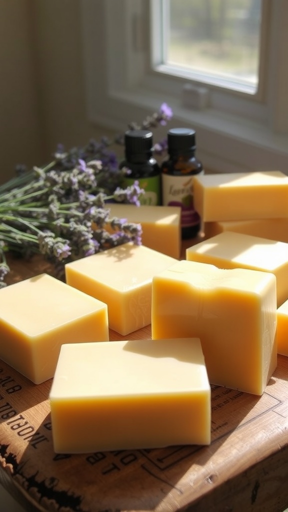 Homemade beef tallow lotion bars on a wooden table, surrounded by lavender and essential oils.